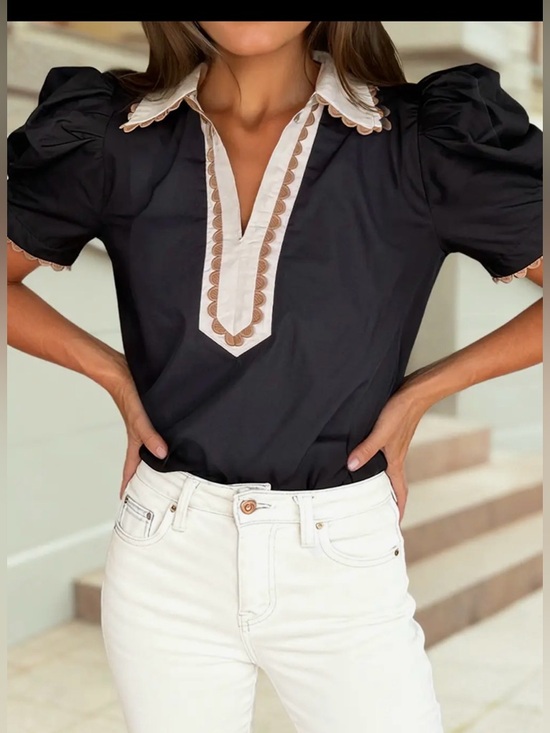 1 the women Tops - Black Puff Sleeve Blouse with Scallop-Trim V-Neck